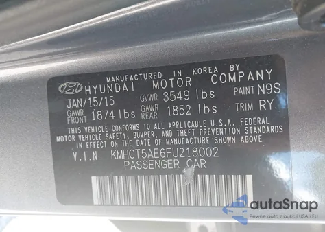 2015 Hyundai Accent Gs z USA, uszkodzony, nr VIN KMHCT5AE6FU218002